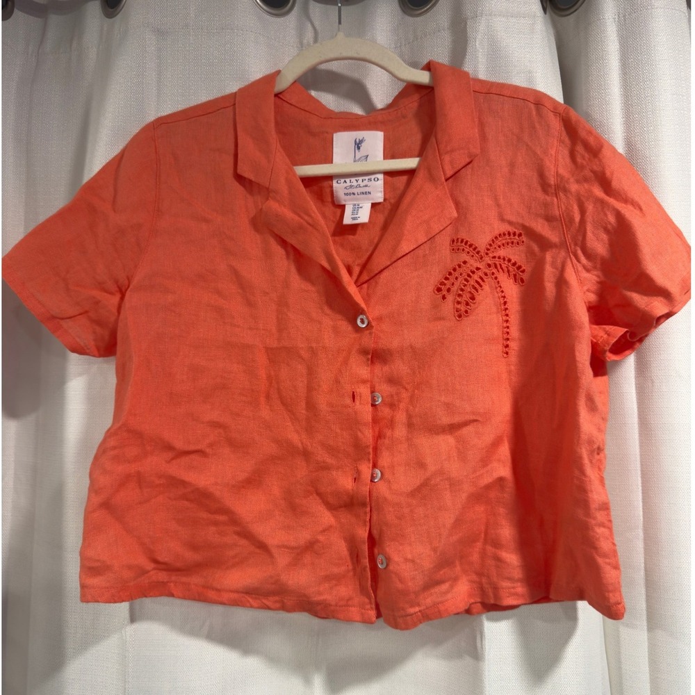 Calypso St Barth Womens Medium Orange 100% Linen Palm Tree Embroidered Top Shirt